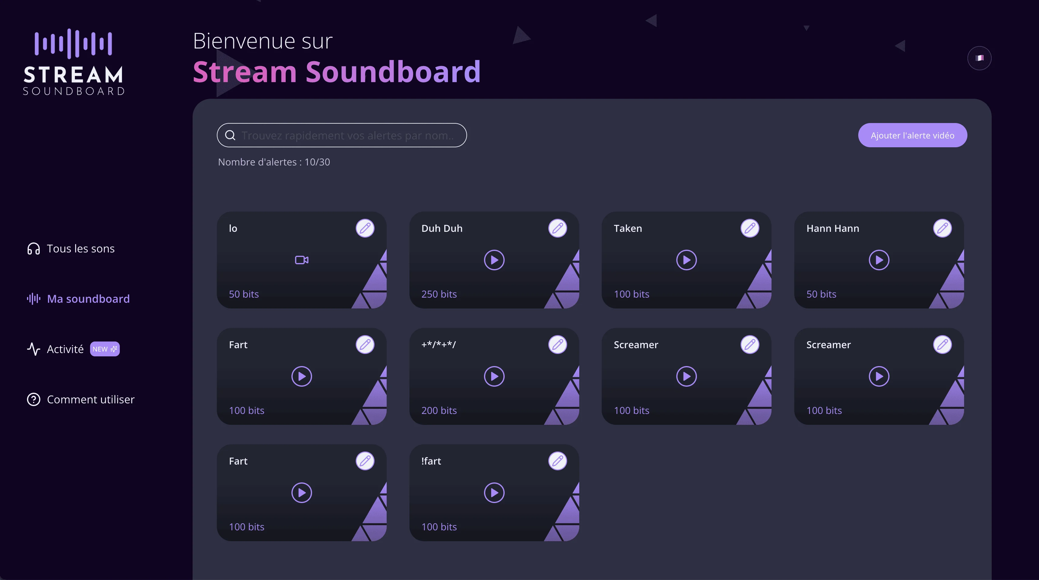 Interface Stream Soundboard affichant une bibliothèque d’alertes sonores et vidéo